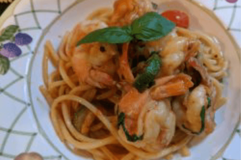 Shrimp, Zucchini and Cherry tomatoes with Spaghetti